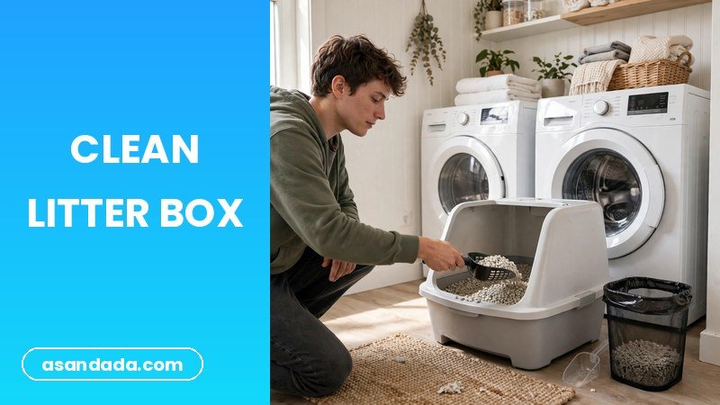 A clean cat litter box with scoop, how often to clean a cat litter box