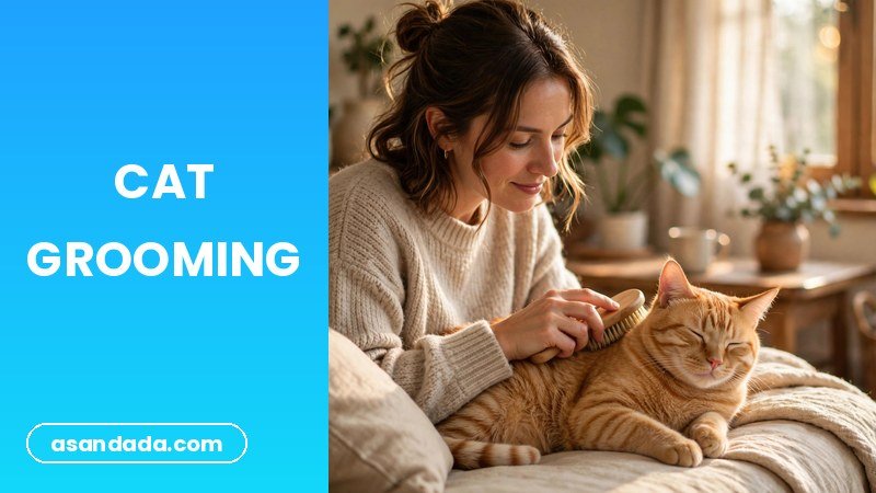 A cat being gently brushed at home, beginner cat grooming guide