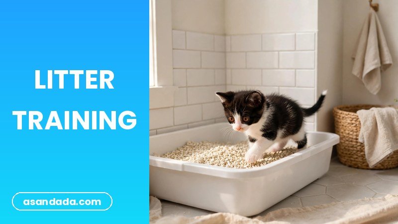 A kitten using a low-sided litter box, how to litter train a kitten step by step