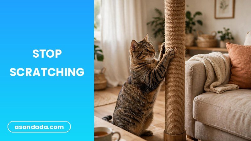 A cat scratching a sisal scratching post instead of furniture