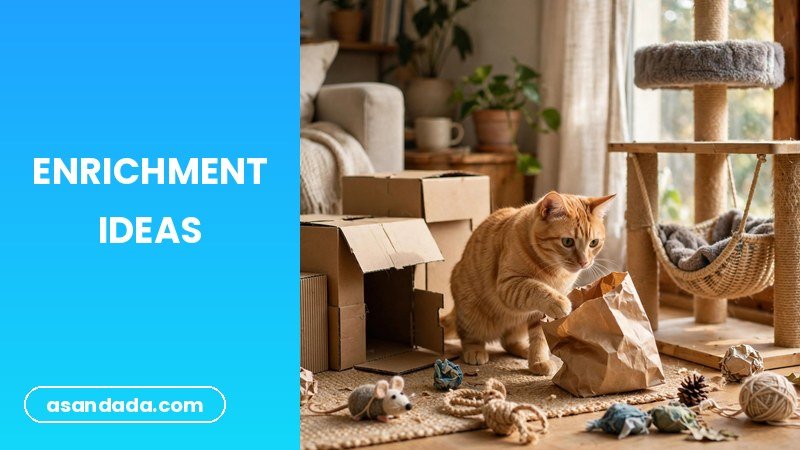 An indoor cat exploring a cardboard box castle, budget DIY cat enrichment ideas